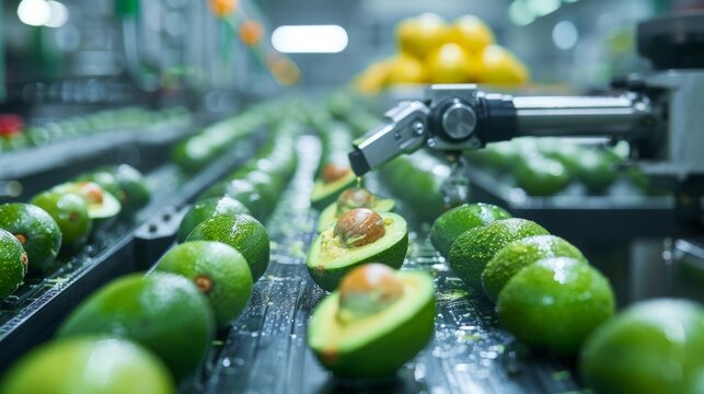 High-tech robots making guacamole, clean and modern factory, Latin American culinary essence, maintaining safety and freshness