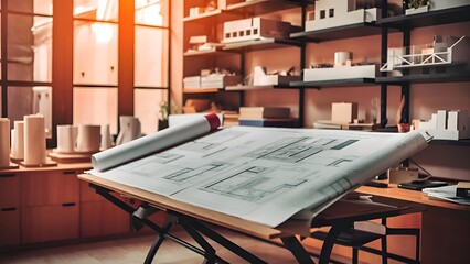 An architect's office with blueprints spread out on a large drafting table and architectural models on shelves