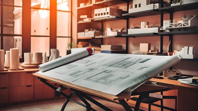 An architect's office with blueprints spread out on a large drafting table and architectural models on shelves