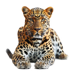 Obraz premium A leopard is laying down on a white background