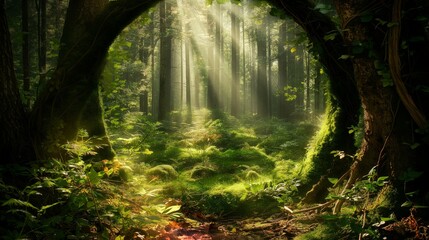 Fototapeta premium Round Gate made out of green forest with light rays shining through