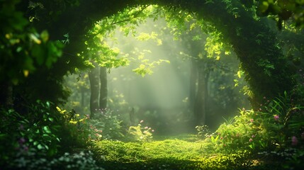Obraz premium Round Gate made out of green forest with light rays shining through