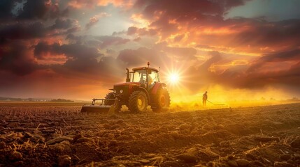 Fototapeta premium Agricultural worker with tractor Plowing fields with a tractor at sunset