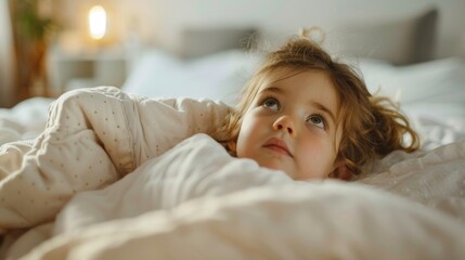 Fototapeta premium Caucasian kid girl waking up in the morning