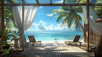 beautiful view from the terrace to the beach tropics sea 3D wallpaper