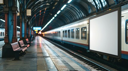 Naklejka premium Train platform with blank space board. A Blank Advertising Board for Eye-Catching Displays on Train Platforms