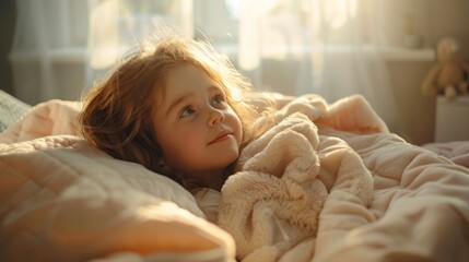 Fototapeta premium Caucasian kid girl waking up in the morning