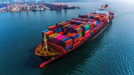 Aerial top view of a business ship, a maritime cargo ship.