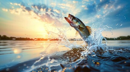 Obraz premium Fish jumping over the surface water in lake with splashing of water and beautiful sky background