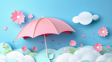 A captivating vector depiction of a cute umbrella, featuring a charming paper-cut design reminiscent of a fairytale scene, complete with softly shaded pastels and ample negative space for text