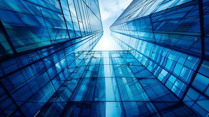 Obraz premium An image of a futuristic office building with a glass exterior in blue tones.
