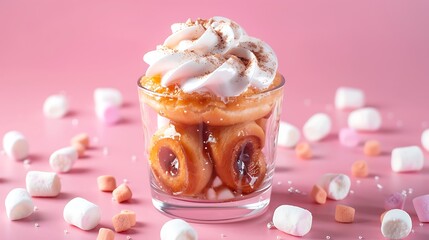 Cinnamon bun and mini marshmallows in a glass isolated on colorful background