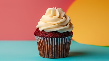 close up of a single velvet cupcake decorated with buttercream isolated on colorful background