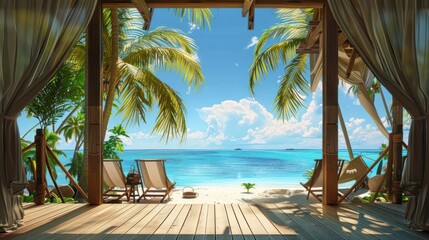 beautiful view from the terrace to the beach tropics sea 3D wallpaper