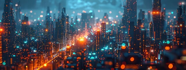 Obraz premium Futuristic Cityscape with Neon Lights in Nighttime Urban Skyline