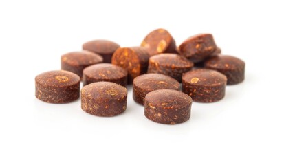 Big hawthorn pills rubbed against a white backdrop in traditional Chinese medicine