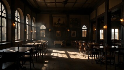 A clandestine meeting taking place in a deserted restaurant, shadows dancing in the dim light ai-generated