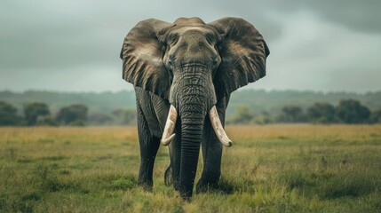 Adult African elephant with long tusks alone on a green field. Habitat of wild animals in natural...