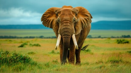 Adult African elephant with long tusks alone on a green field. Habitat of wild animals in natural forests