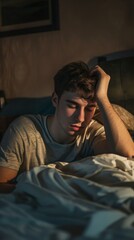 Obraz premium Caucasian young man struggling to sleep at night
