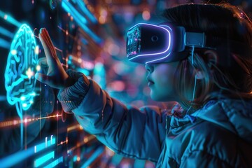 Child learning AI through VR glasses and holograms.