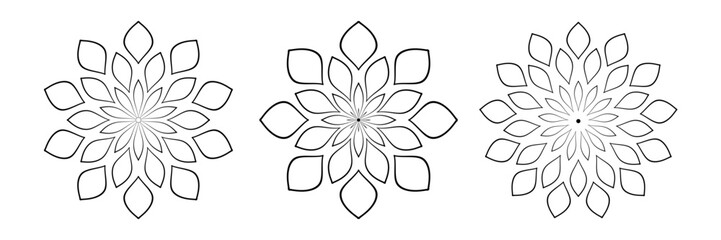 Set of Abstract Decorative Outline Radial Floral Patterns. Flower Icons. Round Design Elements. 