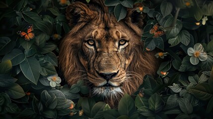 lion face surrounded green leaves, flowers and butterflies, dark background