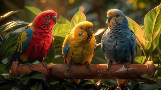 Three colorful parakeets