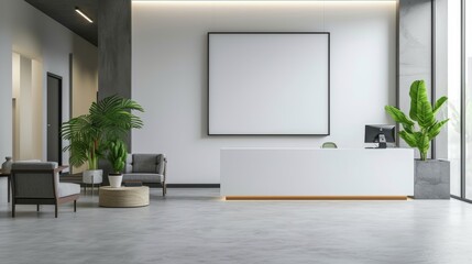  corporate office reception branding white empty blank frame copy space area interior. Contemporary with Stylish Furniture in a Luxury future