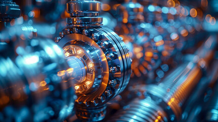 Industrial interior of a power plant. Shiny steel pipes and equipment