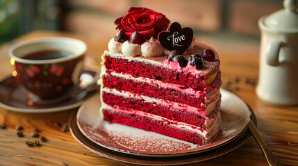 Red Velvet Cake with Love Message and Coffee.,A slice of red velvet cake with cream and a red rose on top