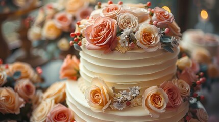 Fototapeta premium Elegant Wedding Cake Adorned with Delicate Peach Roses