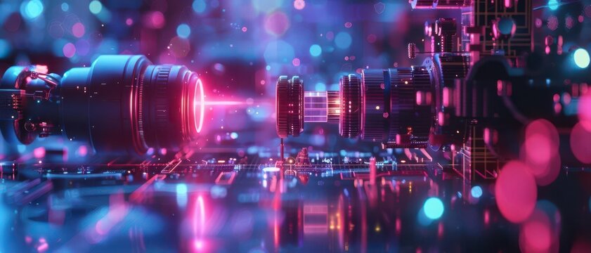 Nano-optics super lens capturing nanoscale details, high detail, bright illumination, clear focus, advanced technology, futuristic scene, vibrant colors, scientific precision