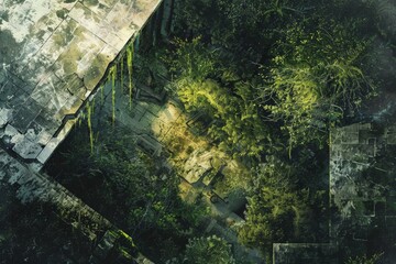 Aerial view of a lush, overgrown abandoned structure covered in green vegetation and surrounded by verdant forest.