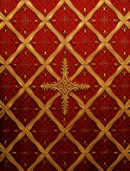 Red and gold background with an intricate diamond pattern, adorned in the style of a golden cross motif