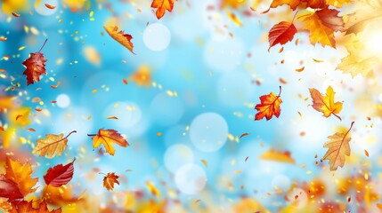Autumn leaves dancing in the wind fall foliage against blue sky with clouds banner background