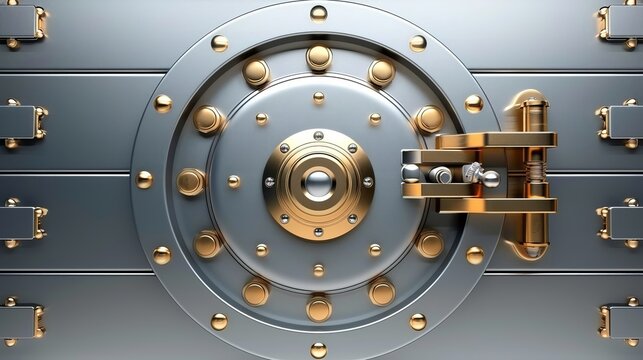 Closed metal bank vault door with combination lock and heavy bolts for ultimate security
