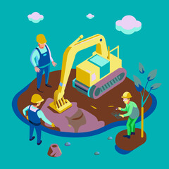 Fototapeta premium Illustration of Backhoe Digging at Construction Site: Engineer and Worker Collaborating - Work Together Concept, Cartoon Vector AI Generative
