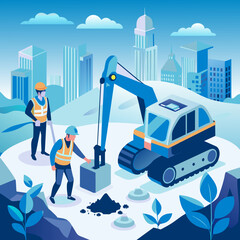 Naklejka premium Illustration of Backhoe Digging at Construction Site: Engineer and Worker Collaborating - Work Together Concept, Cartoon Vector AI Generative