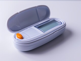 Close-up of a digital thermometer in a protective case on a white background. Medical device for accurate temperature measurement.