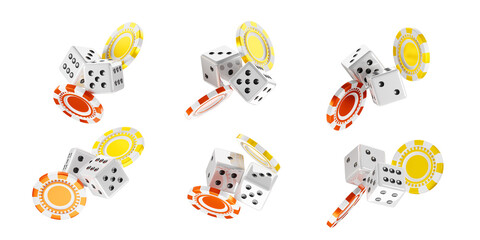 Casino club poker chips and dice isolated on background 3d icons set. Realistic render of falling red, yellow gambling tokens and white cubes. Chance to win money, online game symbols. 3D illustration