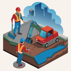 Illustration of Backhoe Digging at Construction Site: Engineer and Worker Collaborating - Work Together Concept, Cartoon Vector AI Generative