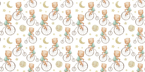 Seamless pattern with watercolor cute baby circus bear on bicycle on white background. Hand drawn repeat backdrop for nursery, kids and baby.