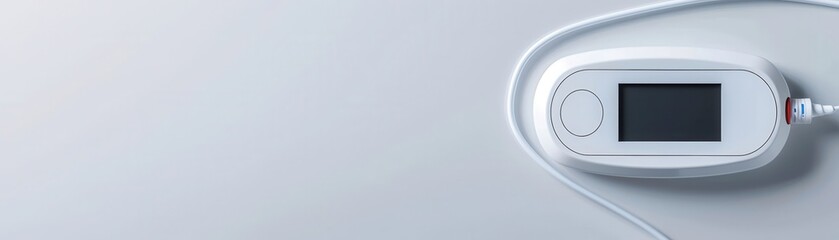 Fototapeta premium Close-up of a modern electronic thermometer with a digital display on a white background. Minimalistic design and essential healthcare tool.