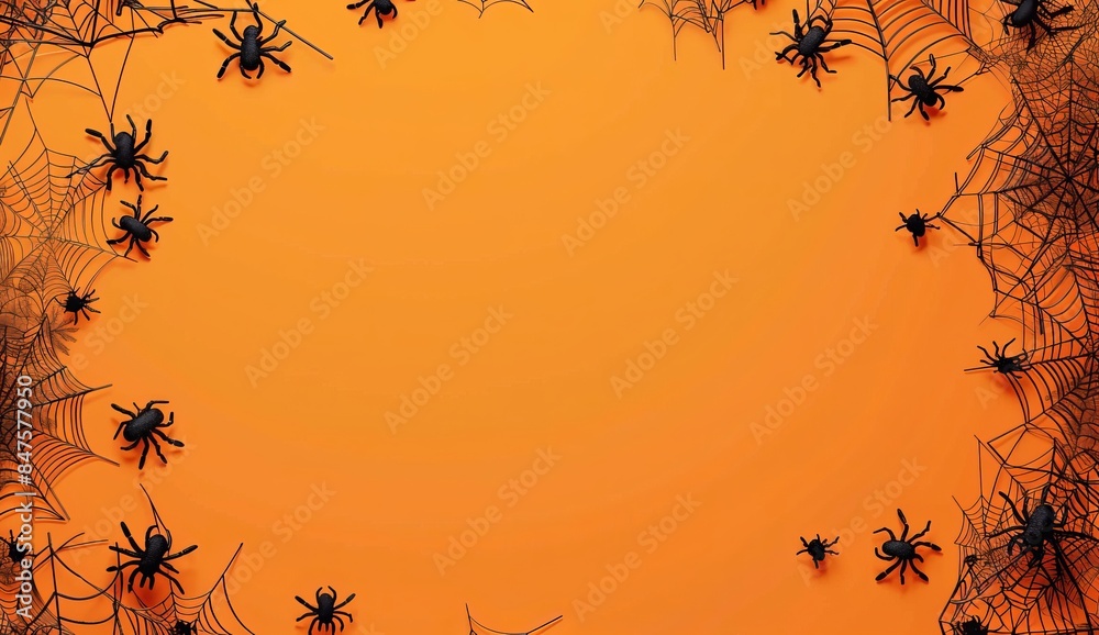 Wall mural halloween background with spider web and cobwebs on orange with background design