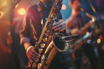 Obraz premium Dynamic and captivating live jazz performance by a highly skilled band on the stage