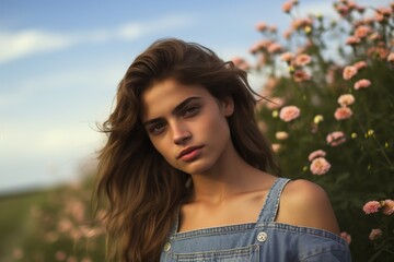 Fototapeta premium A woman with long brown hair is standing in a field of pink flowers
