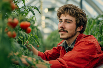 Young farmer in a greenhouse nurturing tomato plants during sunset