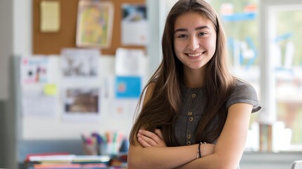 Polish High School Girl Smiling in Classroom, Education, Teens, Diversity