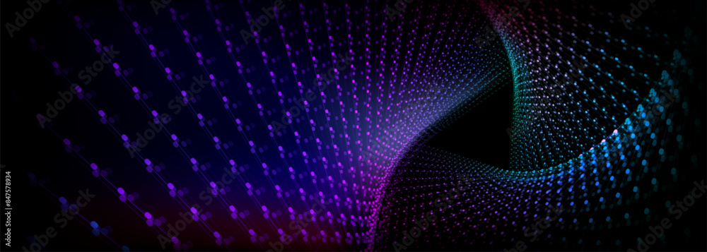 Poster three abstract surfaces mage from neon glowing blue and purple dots and lines twist into triangular 